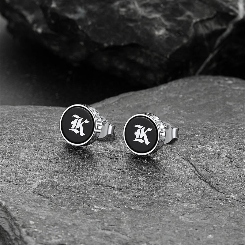 Engraved Black Onyx Stud Earrings With Viking Rune
