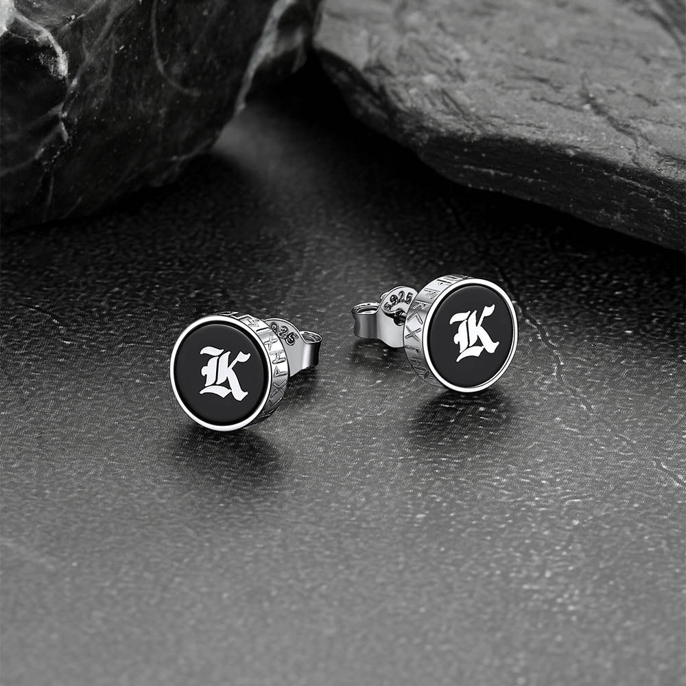 Engraved Black Onyx Stud Earrings With Viking Rune