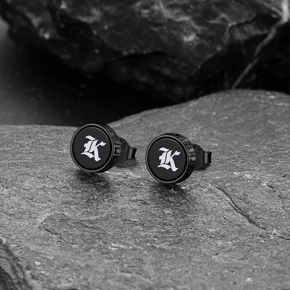Engraved Black Onyx Stud Earrings With Viking Rune