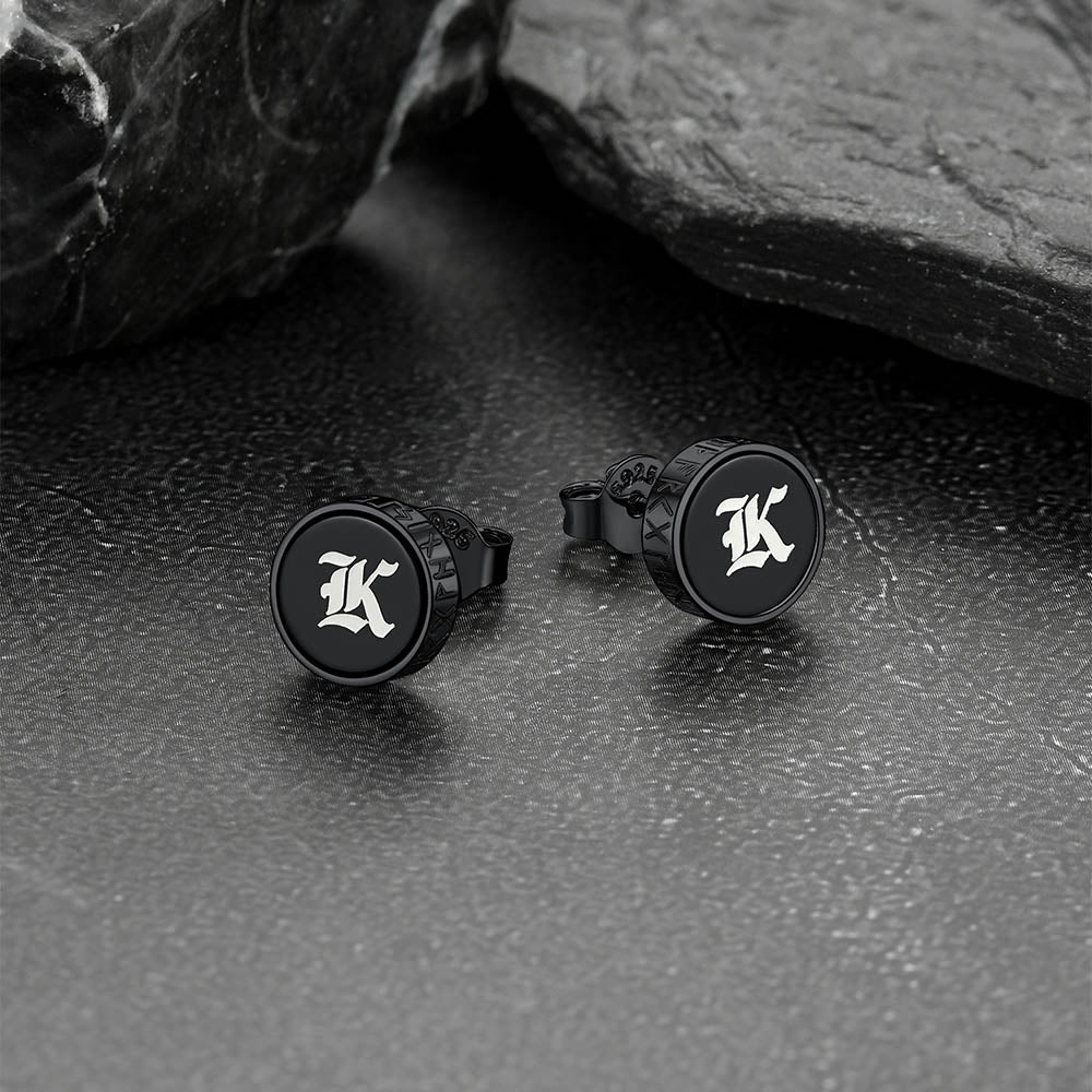 Engraved Black Onyx Stud Earrings With Viking Rune