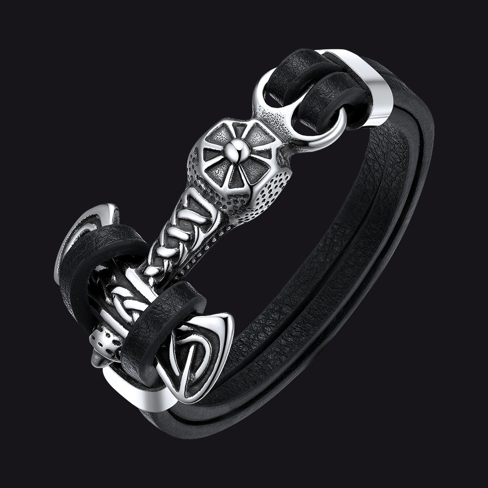 Viking Mjolnir Thor's Hammer Leather Bracelet for