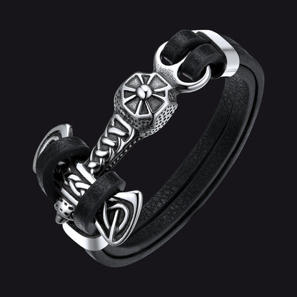 Viking Mjolnir Thor's Hammer Leather Bracelet for