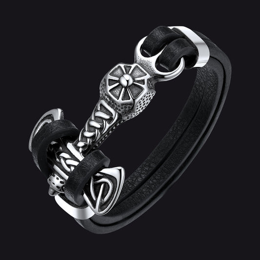 Viking Mjolnir Thor's Hammer Leather Bracelet for