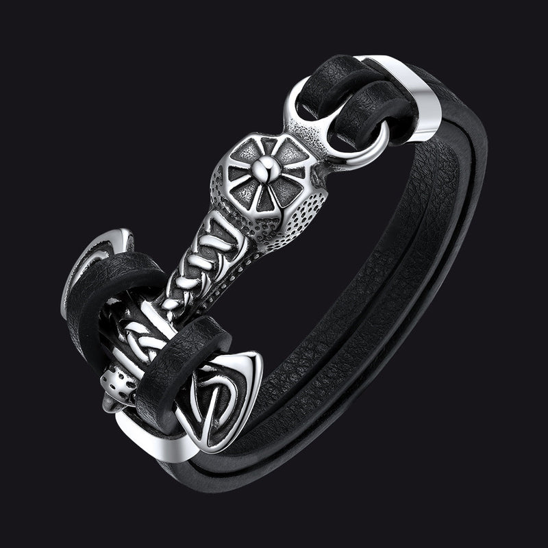 Viking Mjolnir Thor's Hammer Leather Bracelet for