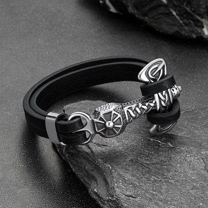 Viking Mjolnir Thor's Hammer Leather Bracelet for