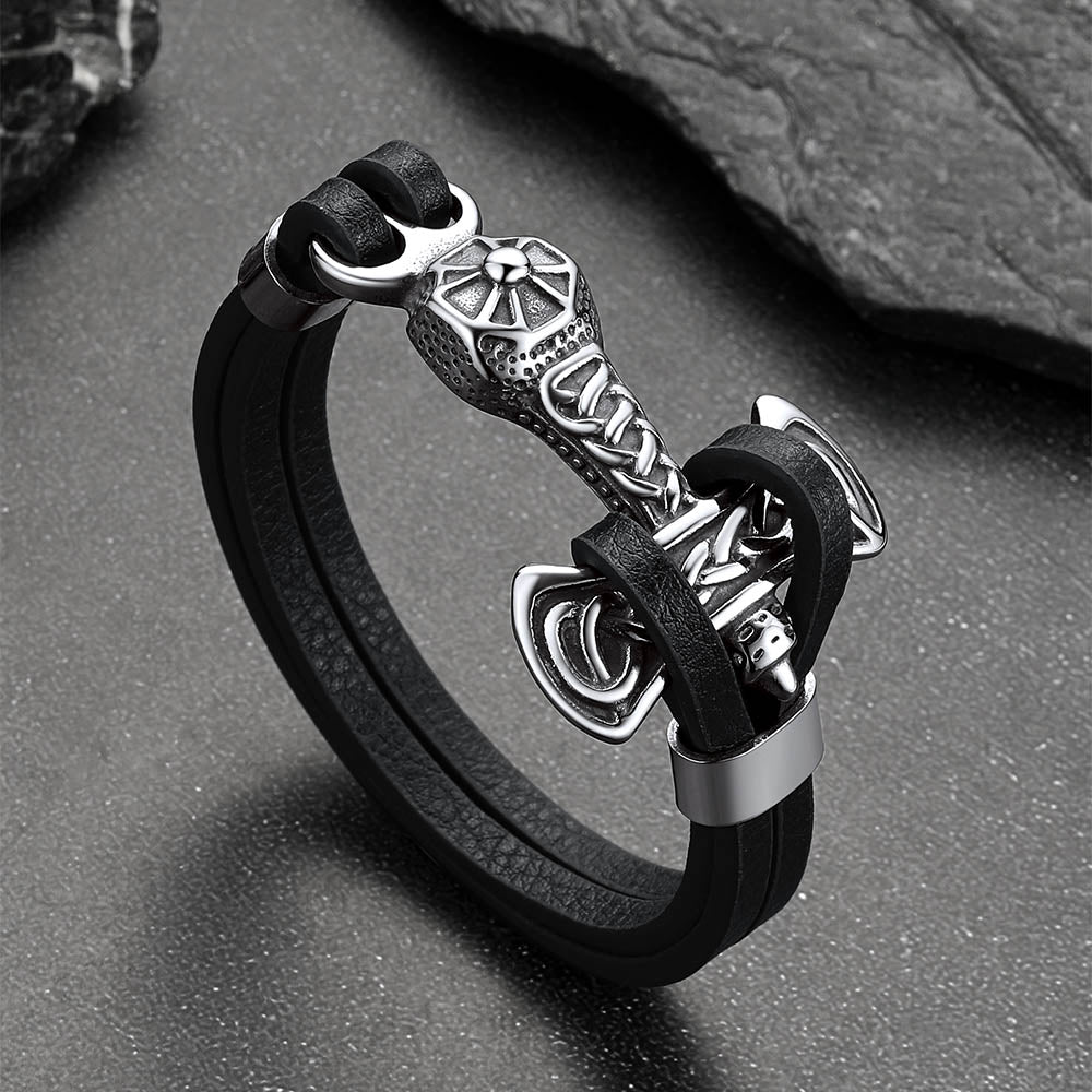 Viking Mjolnir Thor's Hammer Leather Bracelet for