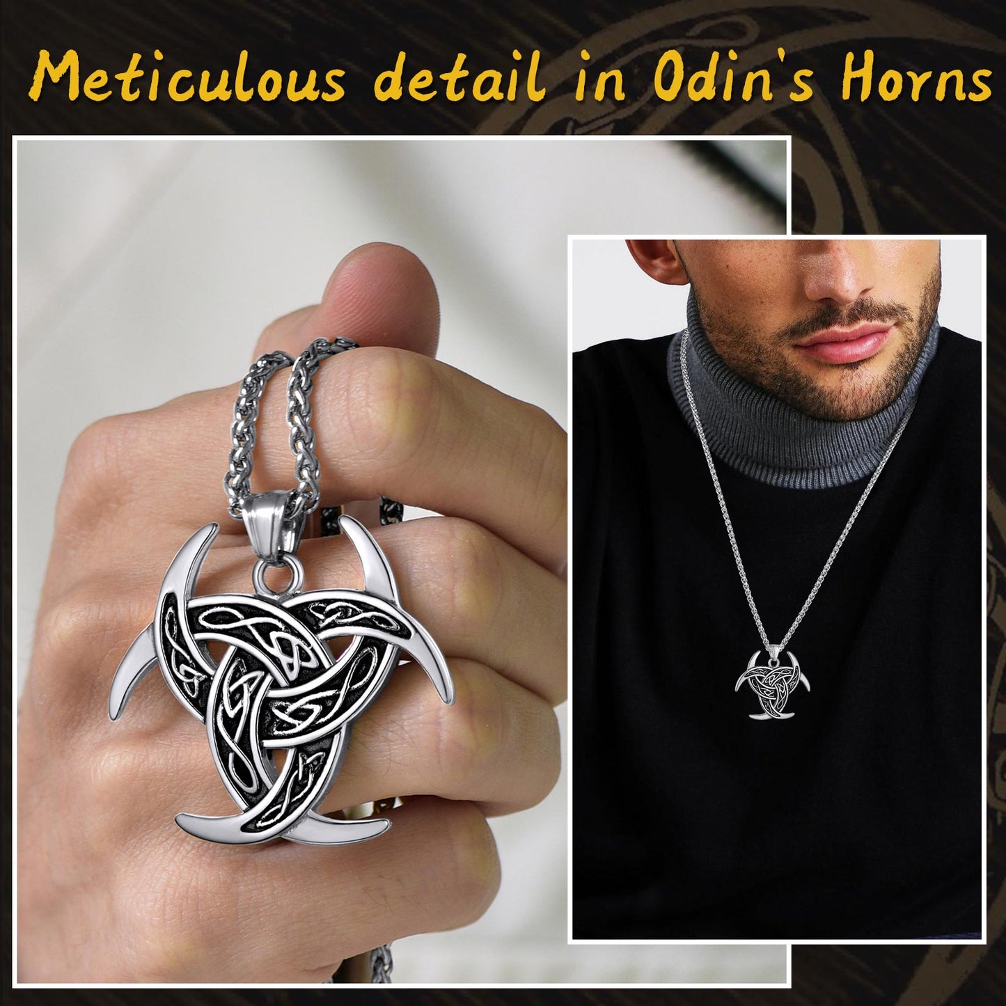 Viking Triple Horn of Odin Necklace Crescent Triquetra Charm Amuelt for