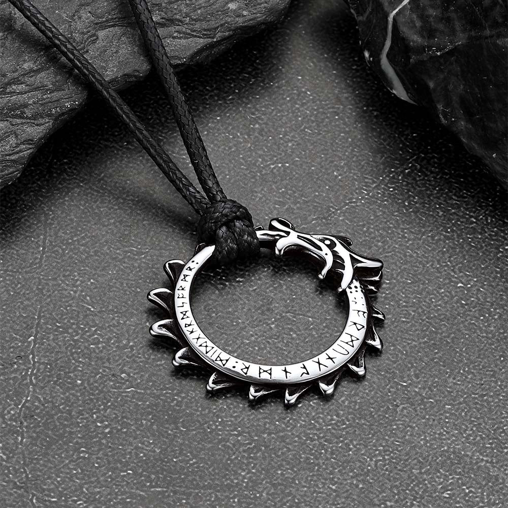Dragon Circle Necklace With Leather Chain for