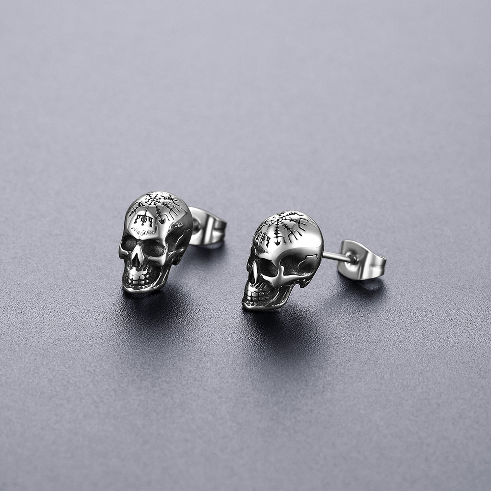 Viking Skeleton Skull Stud Earrings for