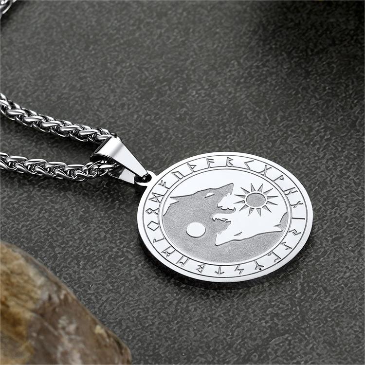 Viking Wolf Coin Necklace for With Runes