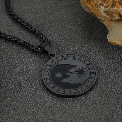 Viking Wolf Coin Necklace for With Runes