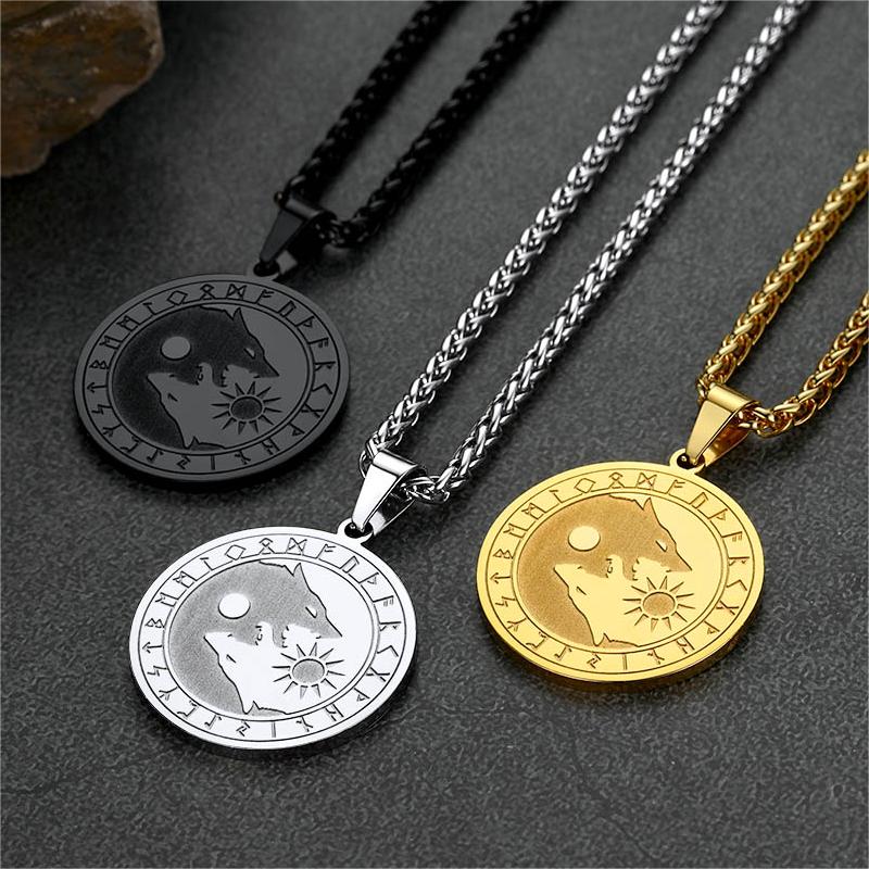 Viking Wolf Coin Necklace for With Runes