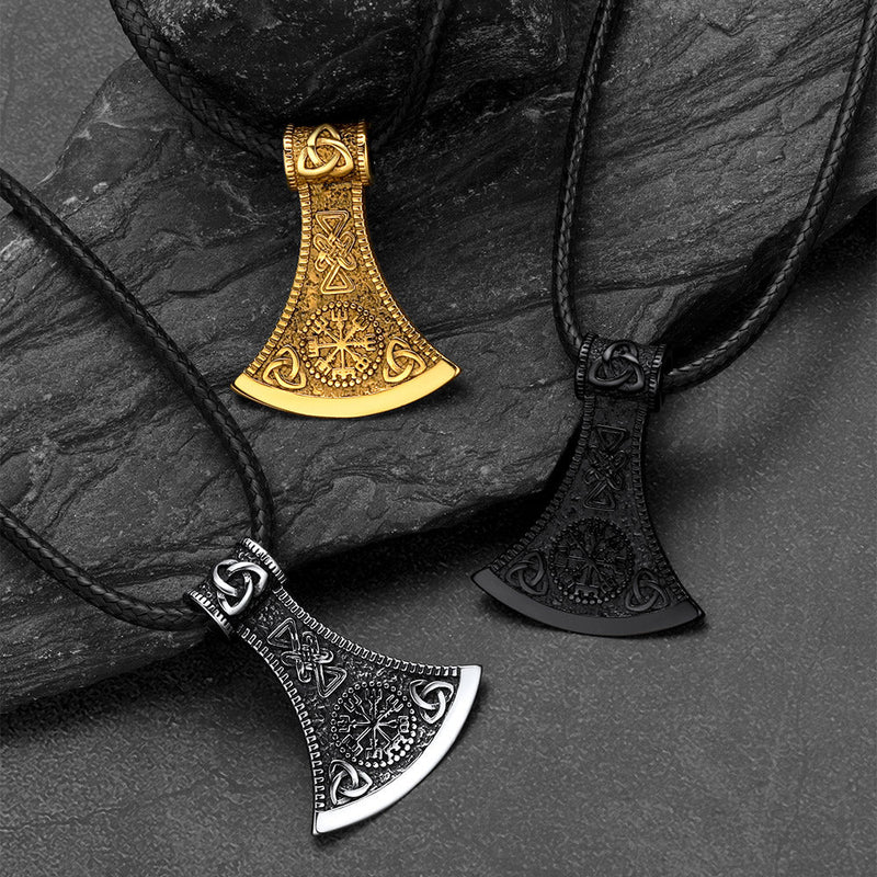Viking Axe Compass Braided Leather Necklace for Dad