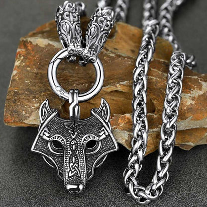 Viking Wolf Pendant Necklace With Wolf Rope Chain for