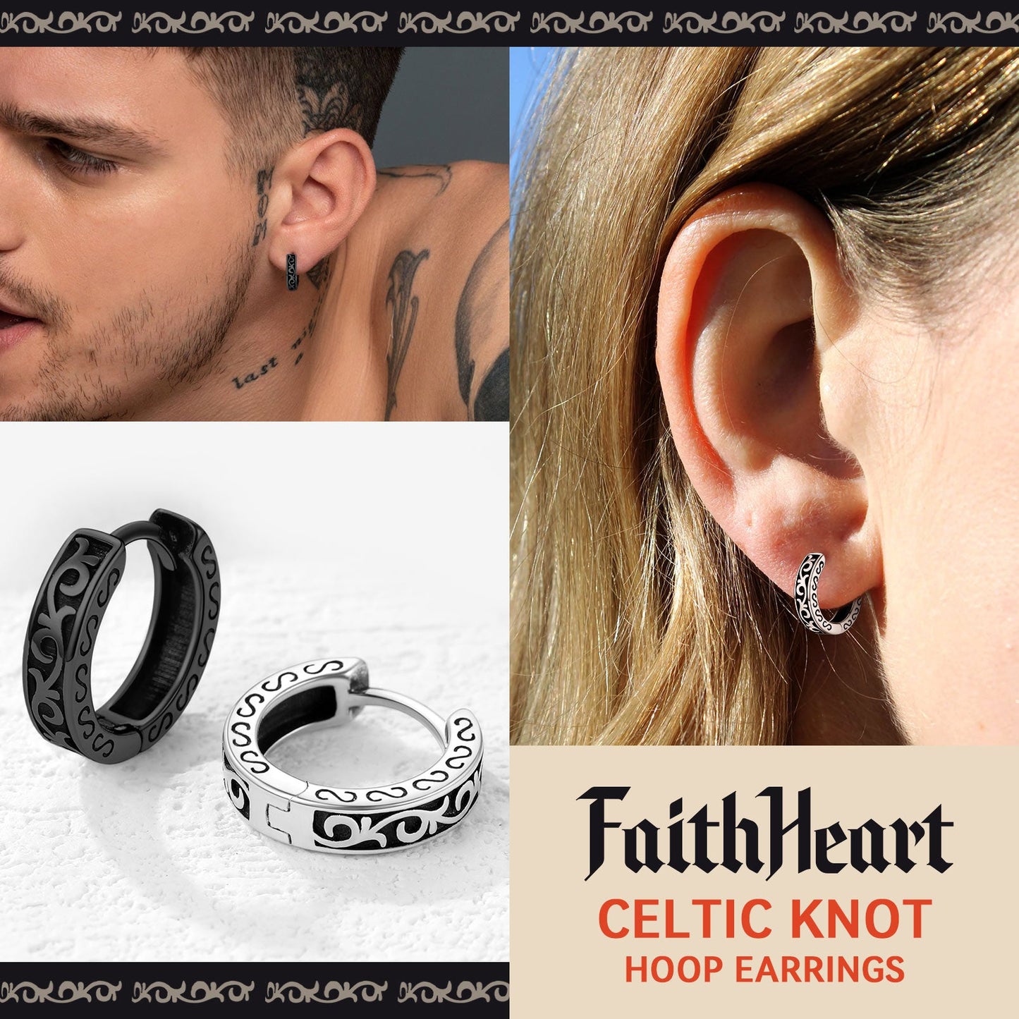 Sterling Silver Vine Celtic Huggie Hoop Earrings for