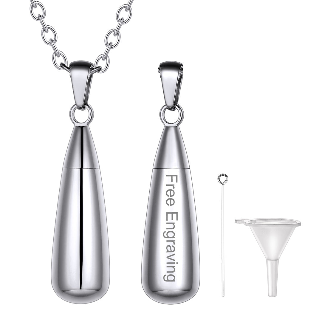 Engraved Cremation Tear Drop Urn Necklace for Ashes for