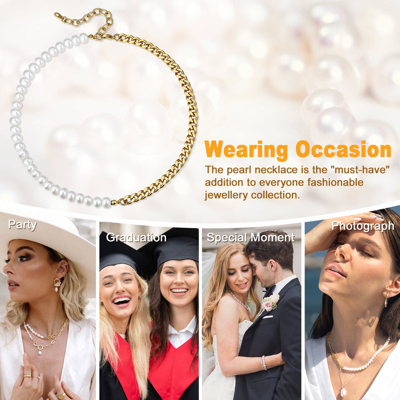 Half 8mm White Pearl and Half 7mm Cuban Link Chain Choker Necklace