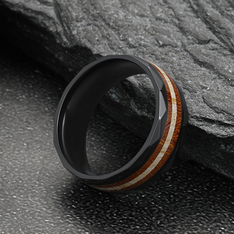 8mm Black Wooden Grain Inlay Wedding Band Ring for