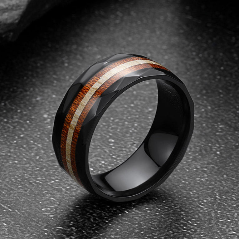 8mm Black Wooden Grain Inlay Wedding Band Ring for