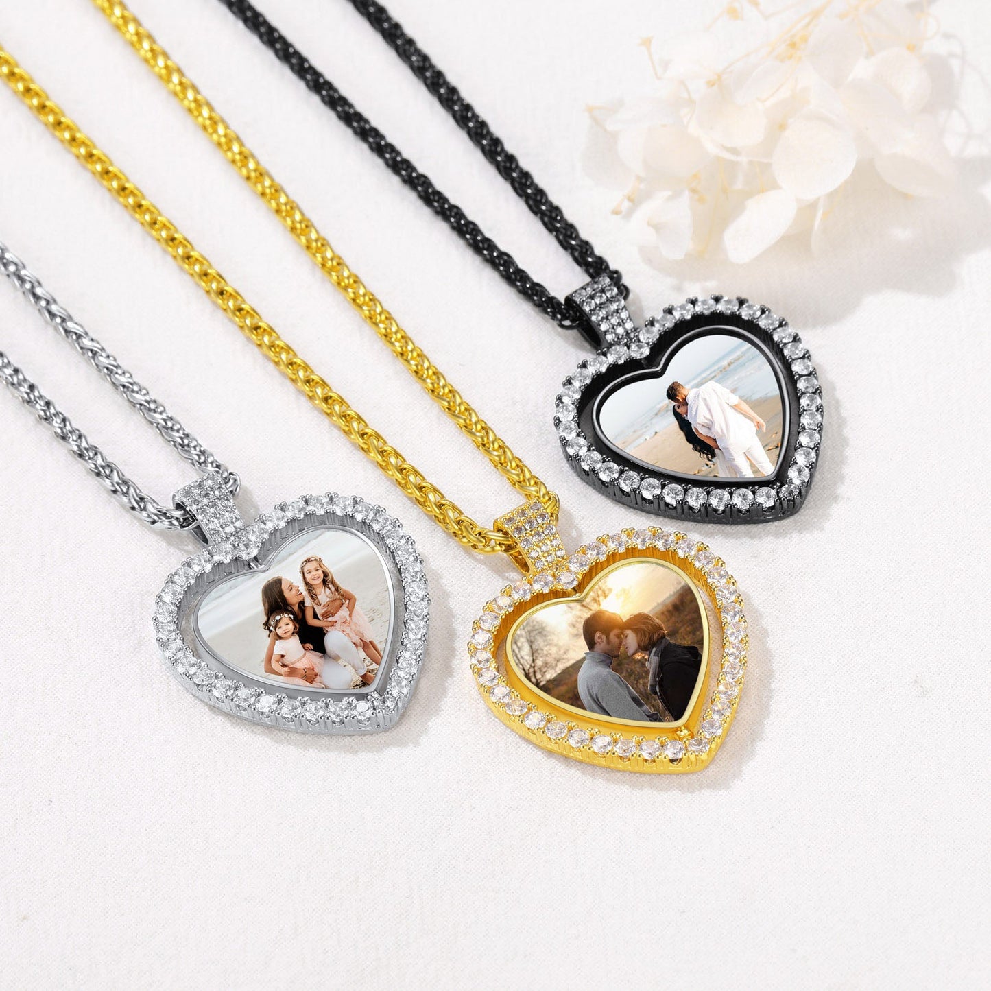 Customized Double-side Heart Picture Photo Necklace With Cubic Zirconia