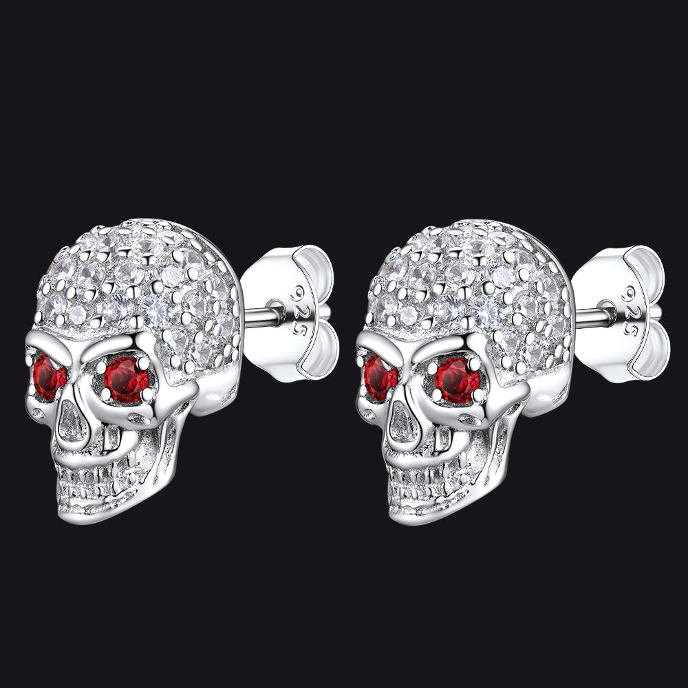 Sterling Silver Gothic Skull Diamond Stud Earrings for