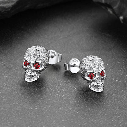 Sterling Silver Gothic Skull Diamond Stud Earrings for