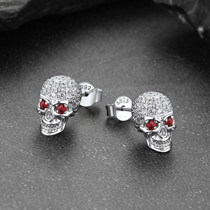 Sterling Silver Gothic Skull Diamond Stud Earrings for