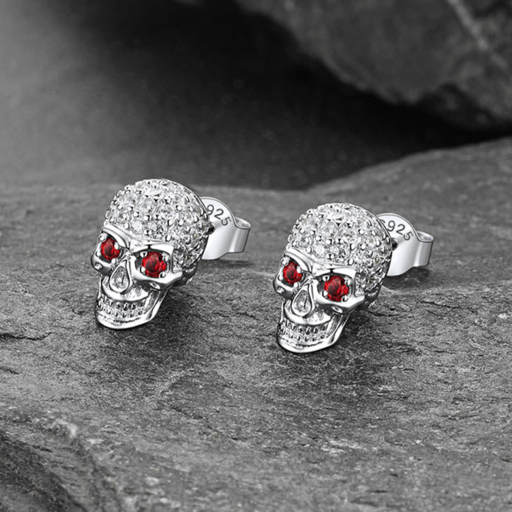 Sterling Silver Gothic Skull Diamond Stud Earrings for