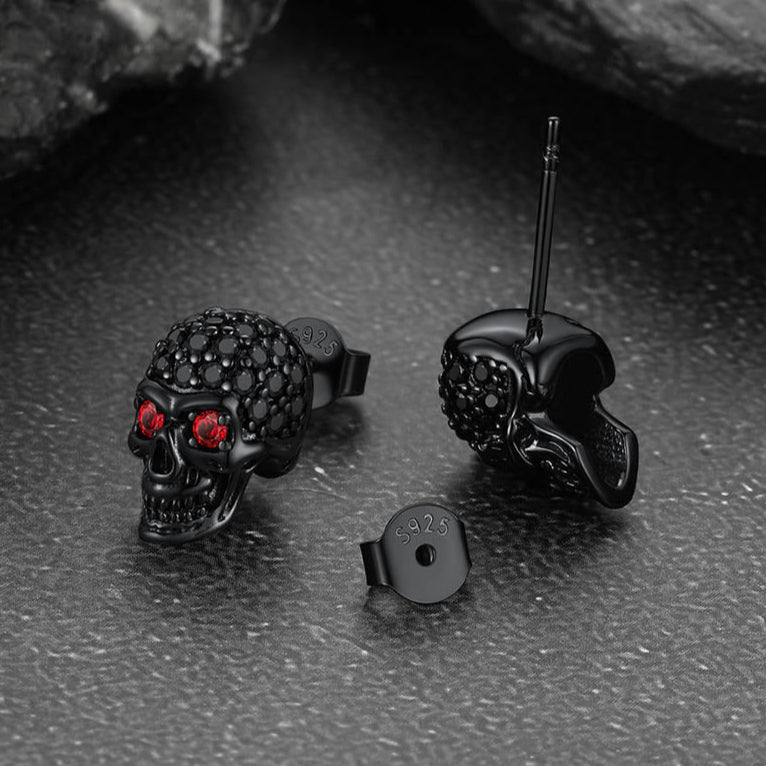 Sterling Silver Gothic Skull Diamond Stud Earrings for