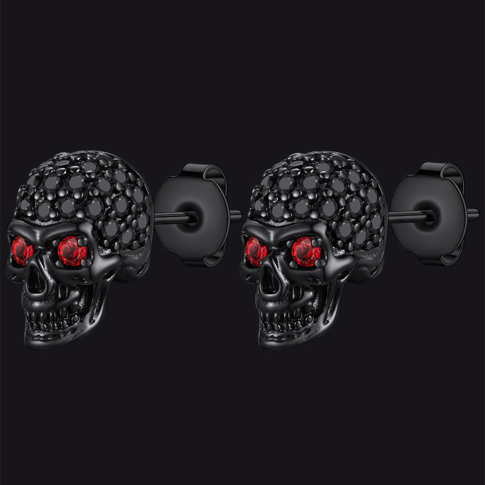 Gothic Cz Red Eye Stud Skull Earrings for