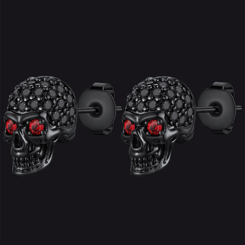 Gothic Cz Red Eye Stud Skull Earrings for