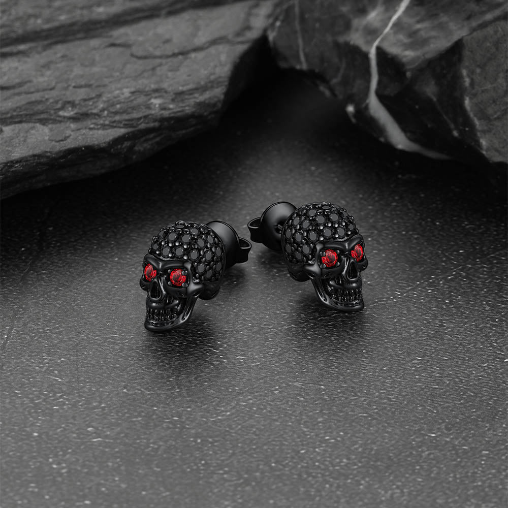 Gothic Cz Red Eye Stud Skull Earrings for
