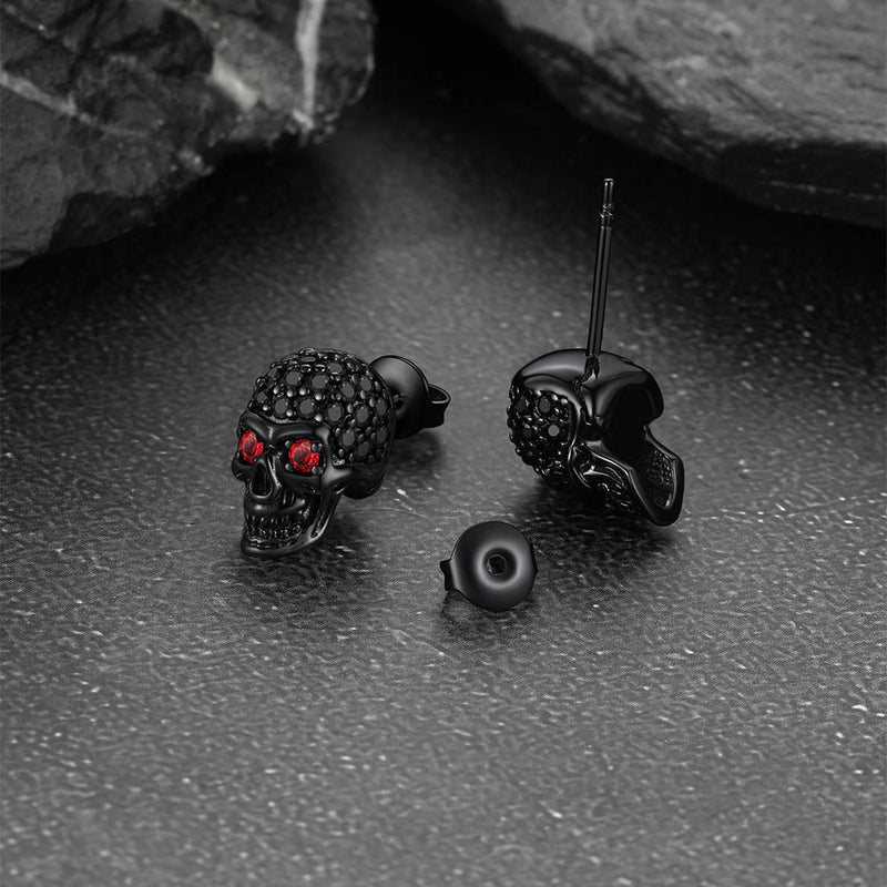 Gothic Cz Red Eye Stud Skull Earrings for