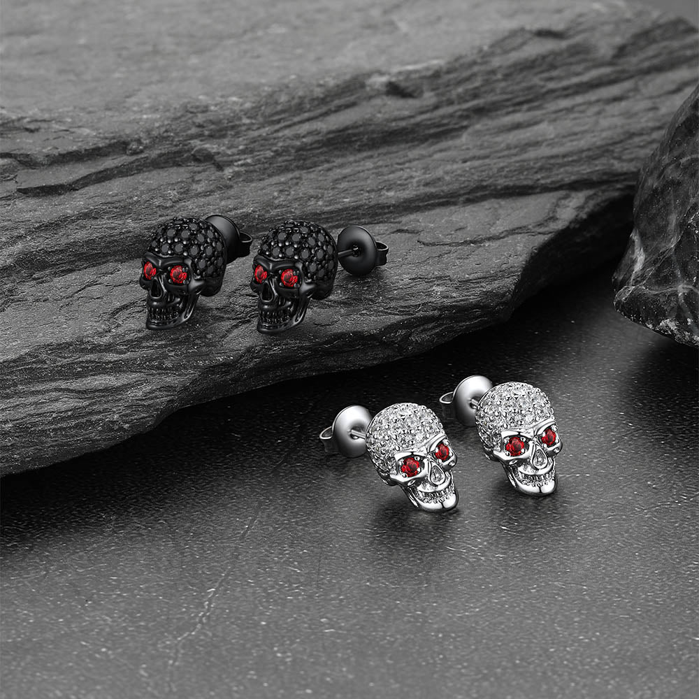Gothic Cz Red Eye Stud Skull Earrings for