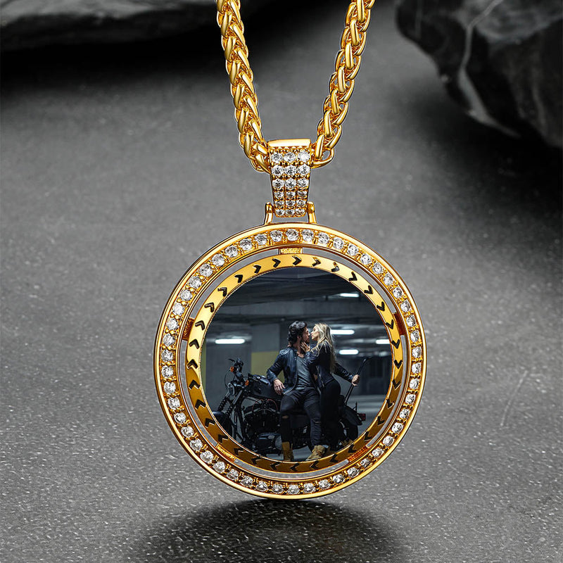 Custom Gold Zirconia Spinner Picture Necklace Pendant for