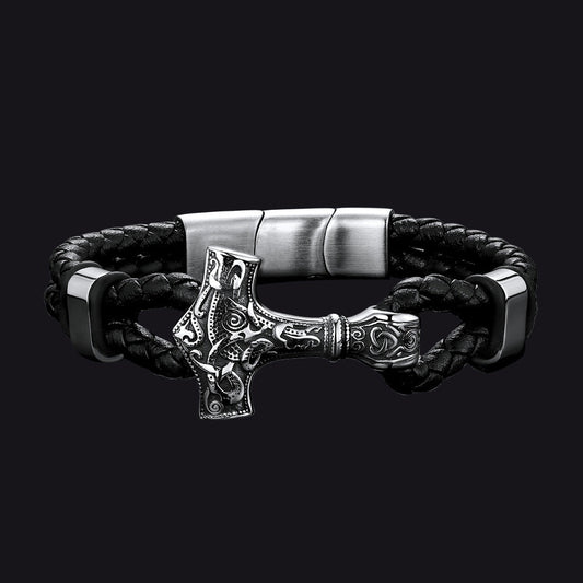 Viking Thor's Hammer Mjolnir Braided Leather Bracelet Gift for