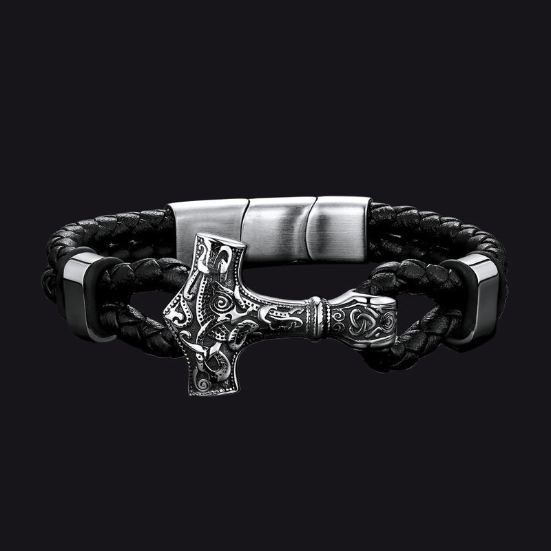 Viking Black Engraved Leather Braided Wristband Bracelet for