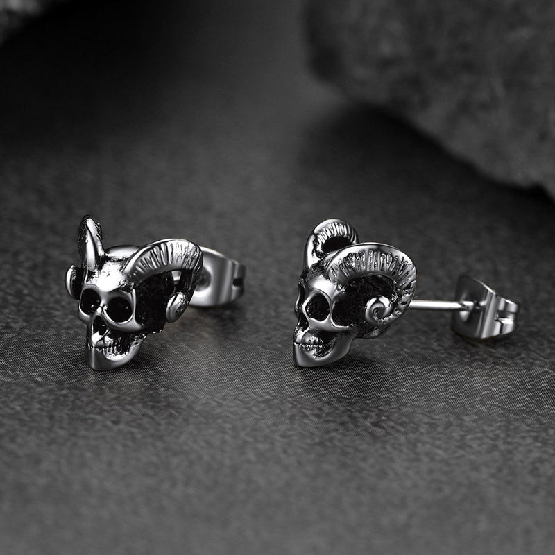 Satanic Baphomet Goat Skull Head Stud Earrings for