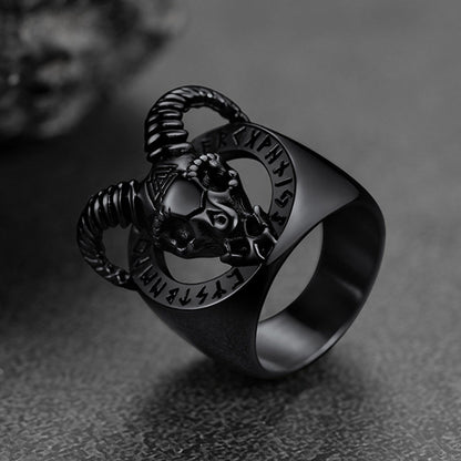 Satanic Goat Skull Ring With Viking Runes for