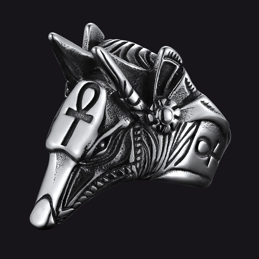 Ancient Egyptian Anubis Ring With Ankh Cross for