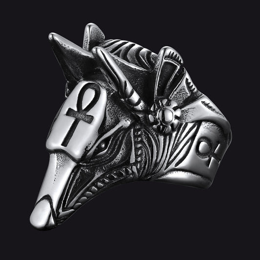 Ancient Egyptian Anubis Ring With Ankh Cross for