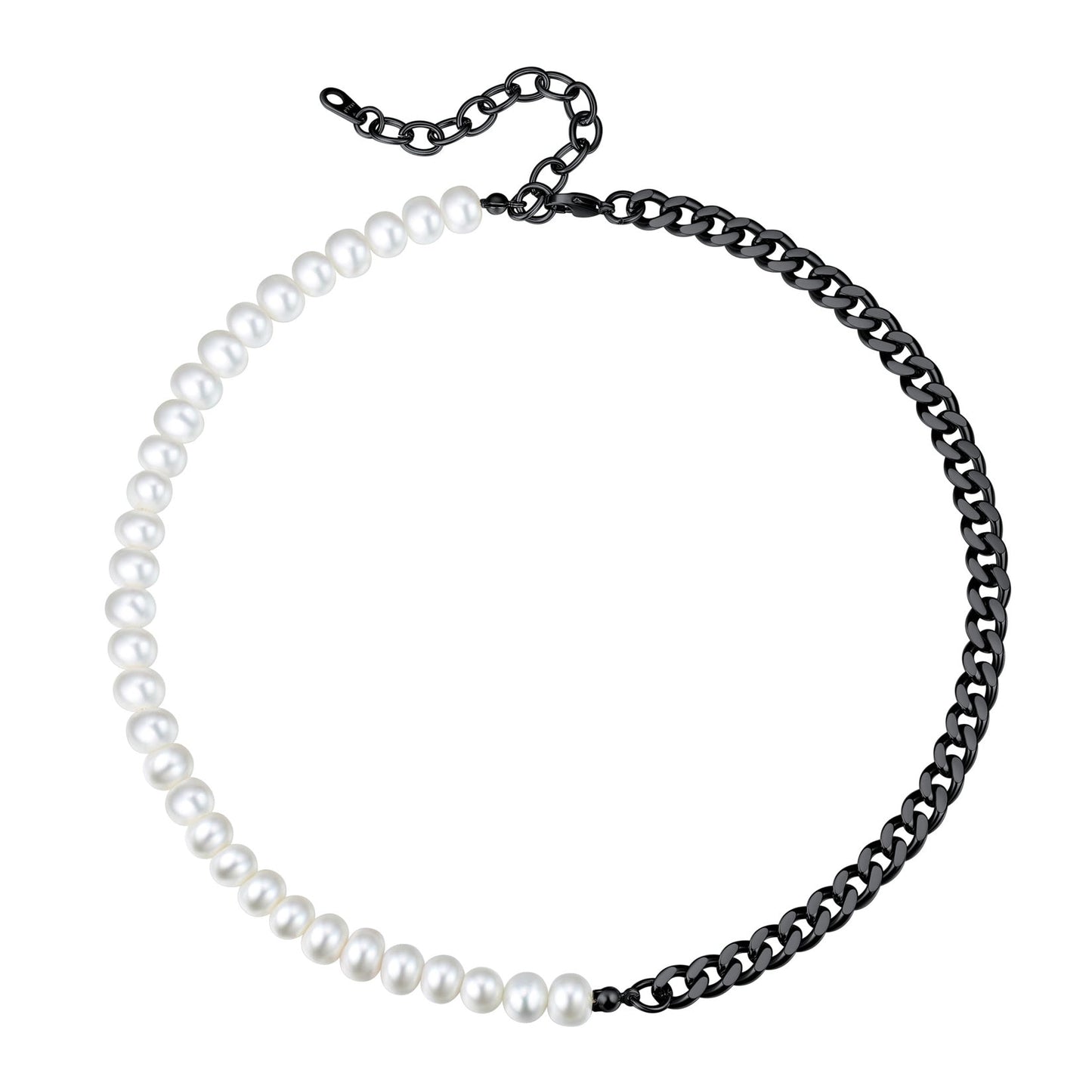 Half 8mm White Pearl and Half 7mm Cuban Link Chain Choker Necklace