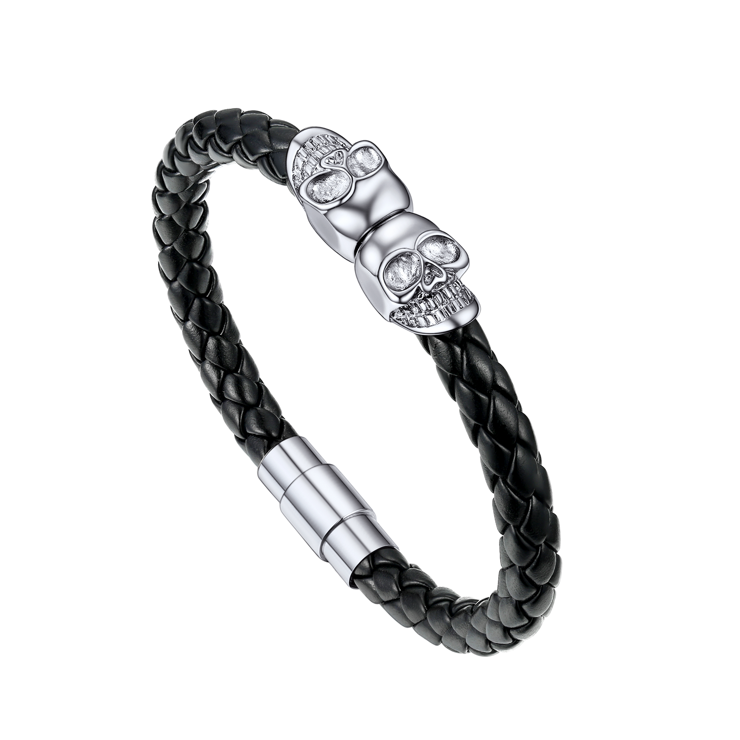 Black Braided Leather Bracelet With Skull for