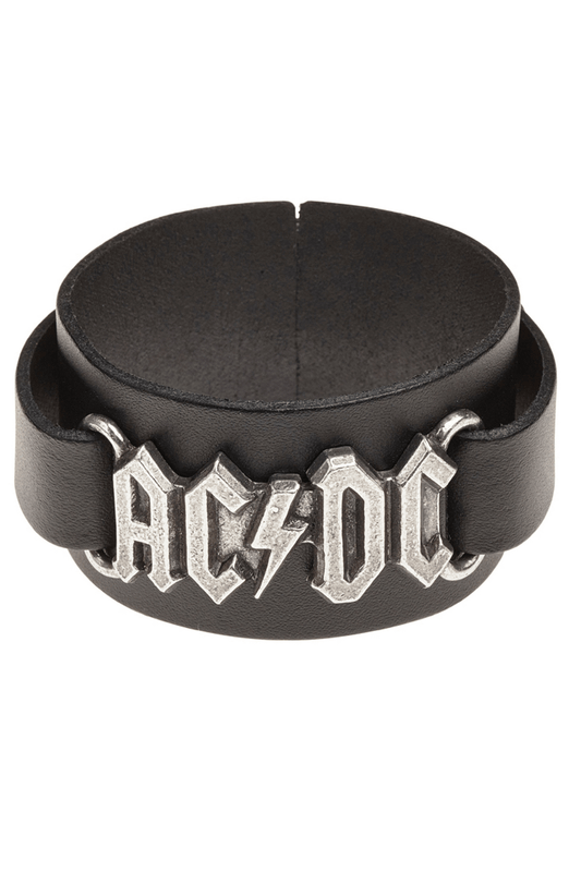 Ac/dc Leather Black Bracelet With Pewter Band Logo