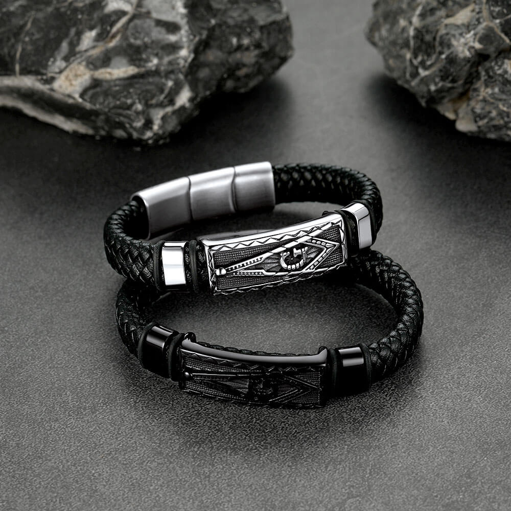 Masonic Compass Braided Black Leather Bracelet for Father Husband