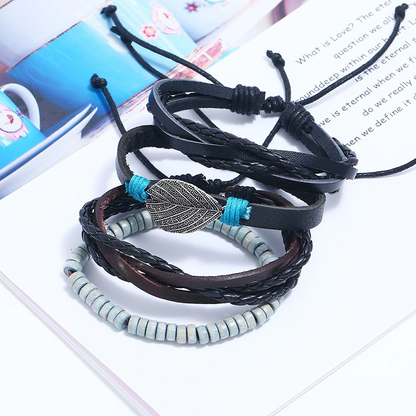 Adjustable Leather Bracelet Set With Plant / Punk Bangles for and