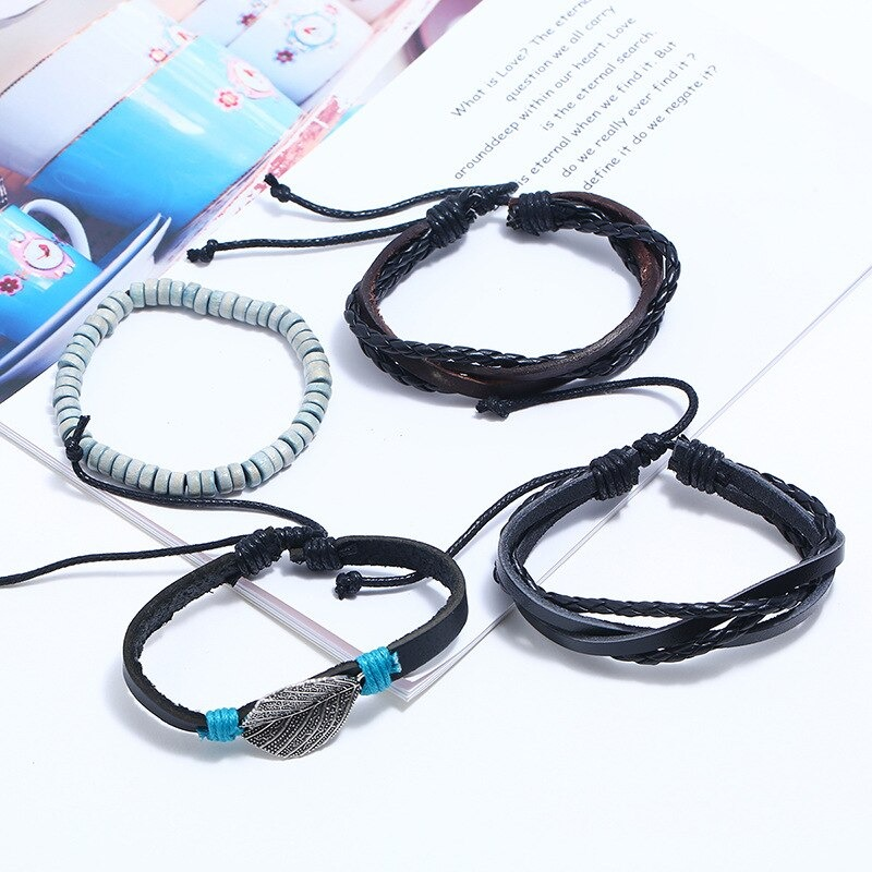 Adjustable Leather Bracelet Set With Plant / Punk Bangles for and