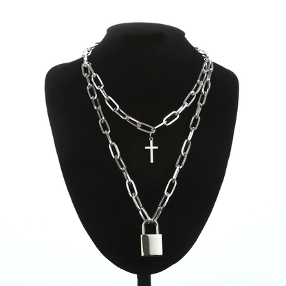 Aesthetic Chain Punk Necklace for and / Square Lock Cross Pendants / Grunge Goth Accessories