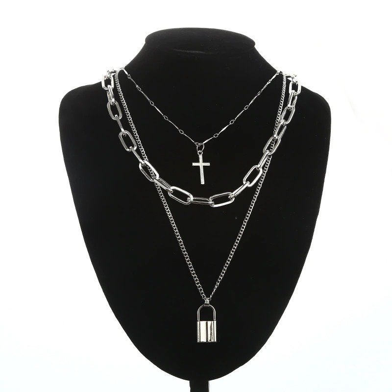 Aesthetic Chain Punk Necklace for and / Square Lock Cross Pendants / Grunge Goth Accessories