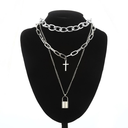 Aesthetic Chain Punk Necklace for and / Square Lock Cross Pendants / Grunge Goth Accessories